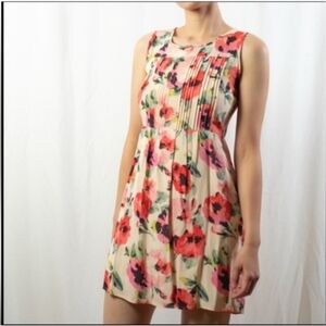 Madewell Pleated Silk Mini Dress Beige Pink Tearose Floral Romantic Pockets 2